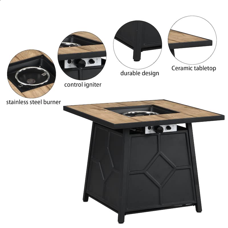 Fire Pit Table, 28-inch Square 40,000 BTU Auto-Ignition Propane Gas Firepit with Waterproof Cover - N/A