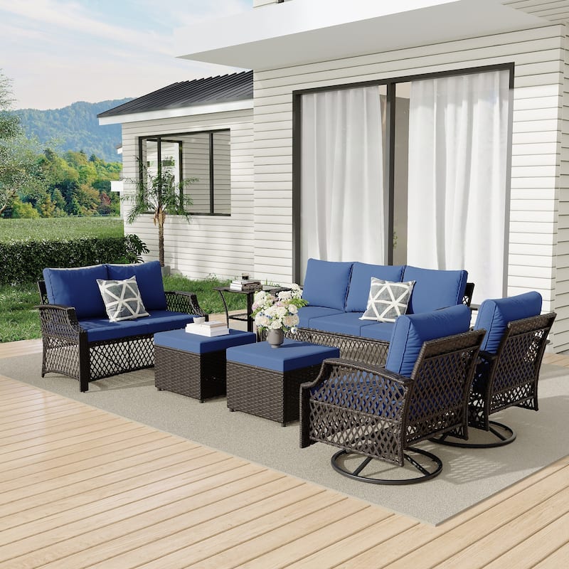Outdoor Wicker Patio Set w Swivel Chairs & Sofa, Ottomans and Tables, Modular 3/5/6/7-Piece, All-Weather Conversation Set.