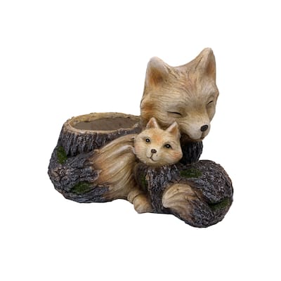 Mama and Baby Fox Outdoor Garden Planter - 13" - Brown and Gray