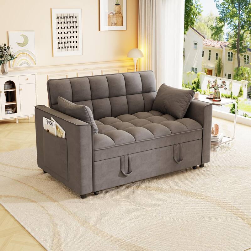 Anmytek Modern Velvet Small Loveseat Pull Out Sleeper Sofa Bed with Pillows and Side Pockets