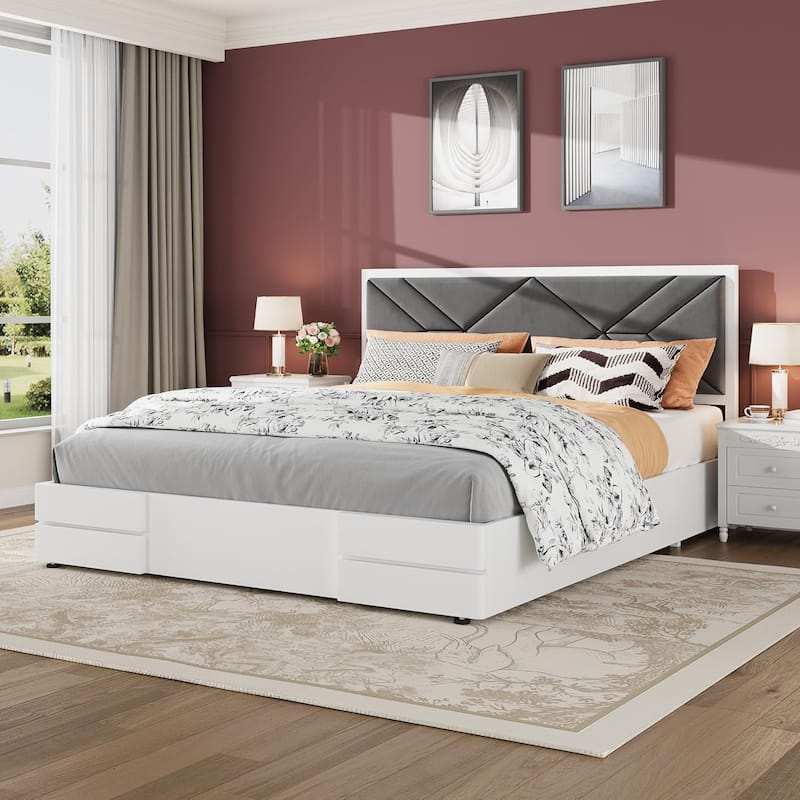 Wooden Bed Frame with Fabric Upholstered Headboard