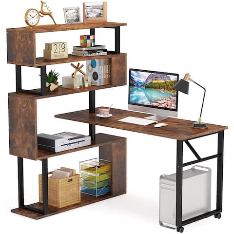 Rotating L-Shaped Computer Desk with 5 Tier Bookshelves