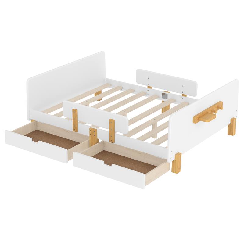 Full Size Platform Bed with Storage Drawers, Solid Wood Beds Frame with Bed Guardrail, Small Shelf, and Hooks