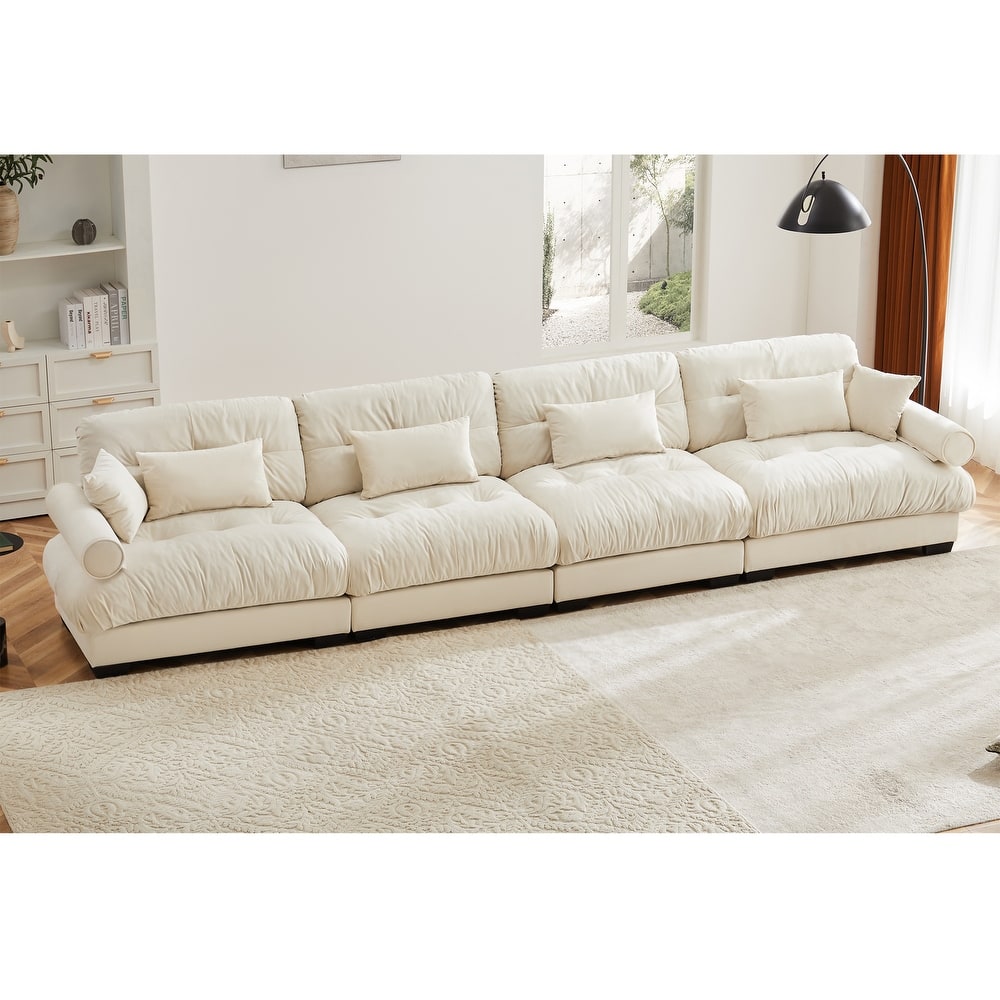 166" Velvet 4-Seater Sofa, Bolster Arms and High-Resilience Cushions