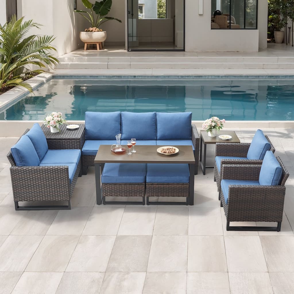 Gymojoy 7-9 Person Outdoor Patio Wicker Conversation Set Group With Armchairs And Ottomans