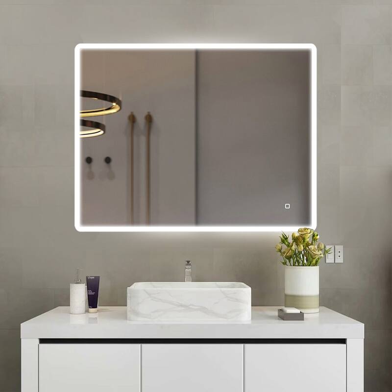 27.55 in. W x 35.43 in. H Rectangular Frameless Wall-Mounted Bathroom Vanity Mirror with Dimmable and Touch Control - Silver