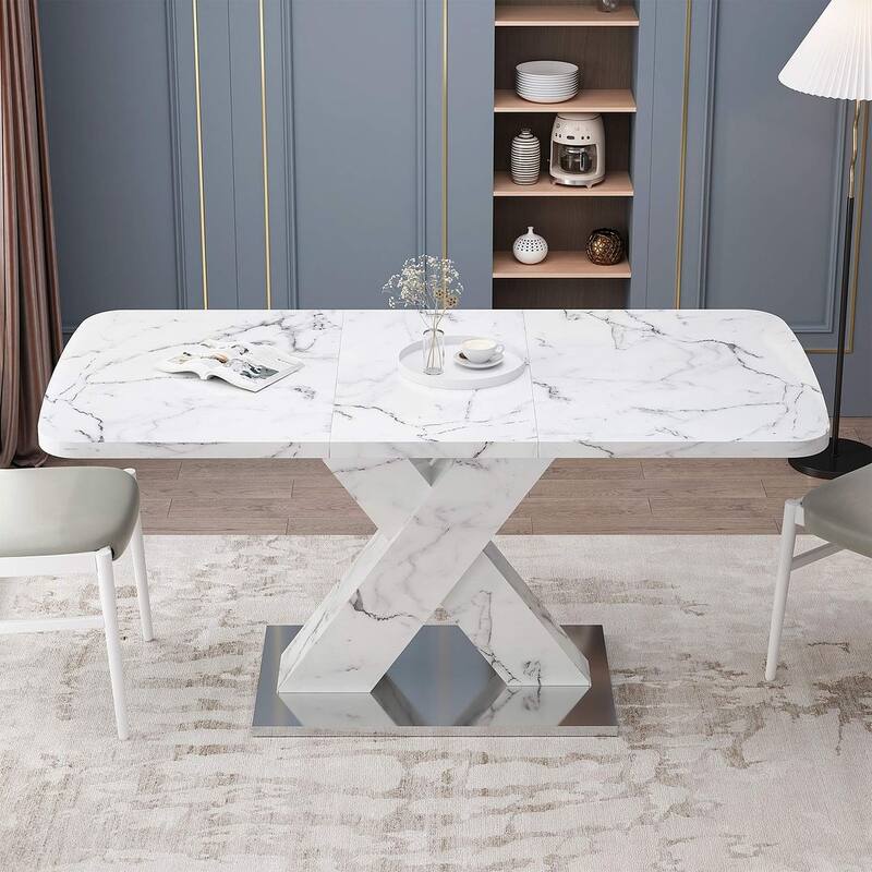 62.99" Faux Marble Rectangular Extendable Dining Table with X-Legs and Metal Base