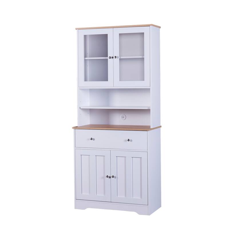 White Storage Cabinet with Glass Doors and Drawer and Adjustable Shelf
