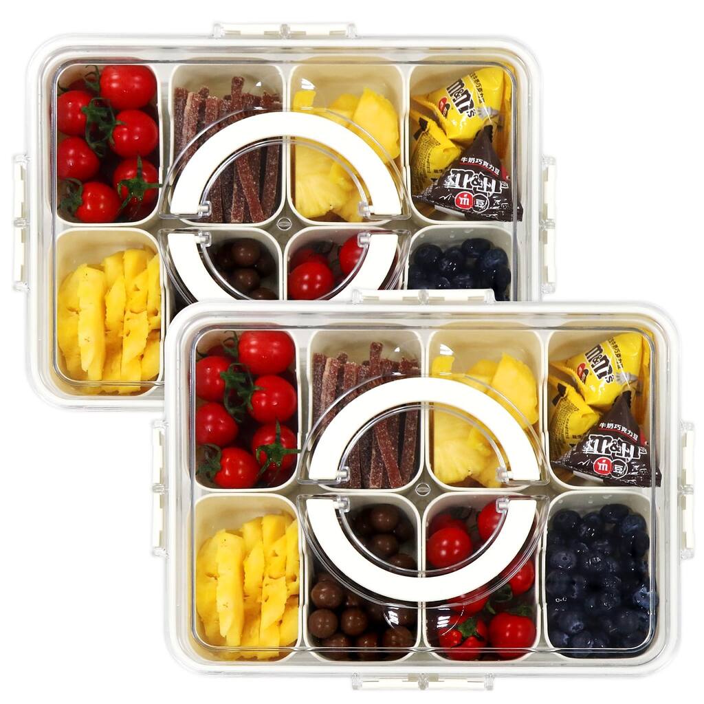 Snackle Box Container 2pack-Divided Serving Tray with Lid and Handle,Heavy Duty Snack box with 8 Compartment - Silver