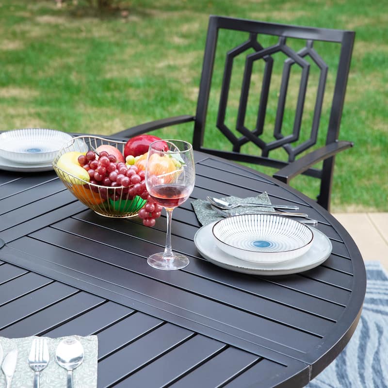 MAISON ARTS 7 Pieces Outdoor Dining Set for 6, Large Round Dining Table with Umbrella Hole & Stackable Metal Chairs