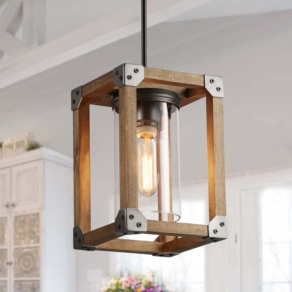 The Gray Barn 1-Light Wood Pendant Lights with Glass Shade for Kitchen Island - W5.1"xH8.3"