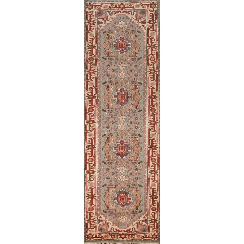 Geometric Heriz Serapi Indian Runner Rug Handmade Blue Wool Carpet - 2'7" x 10'5"