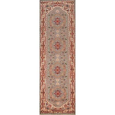 Geometric Heriz Serapi Indian Runner Rug Handmade Blue Wool Carpet - 2'7" x 10'5"