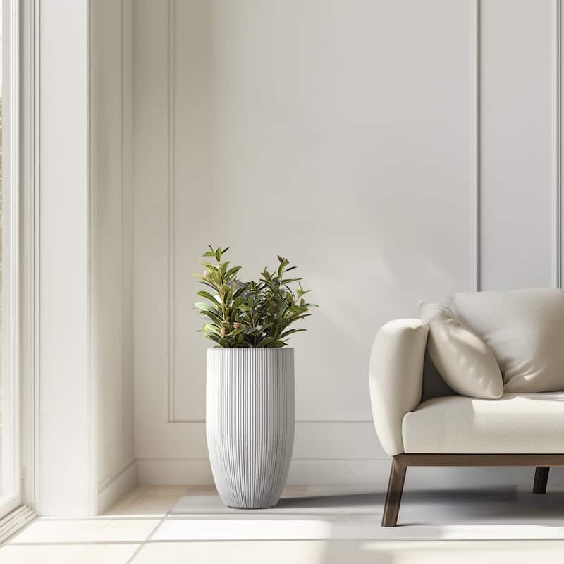 Textured Granite Gray Tall Concrete Round Plant Pots / Large Indoor and Outdoor flower Planters (13.5 Inch x 24.5 Inch)