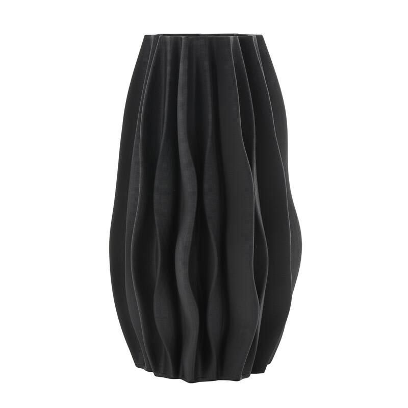 Ceramic Abstract Dimensional Wavy Ribbed Decorative Vase with Floral Shaped Rim - Black - Roche River Decor