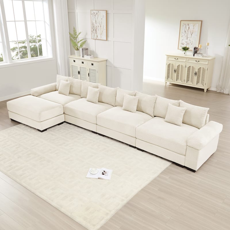 Oversized Corduroy Cloud Modular Sofa with Throw Pillows - Cream(4 Seat+1 Ottoman)