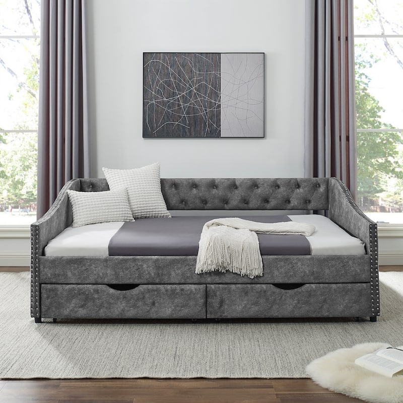 Mid-Century Linen Upholstered Daybed Platform Bed Frame with Storage Drawers, Button Tufted Back and Nailhead Trim Arms - Grey - Full