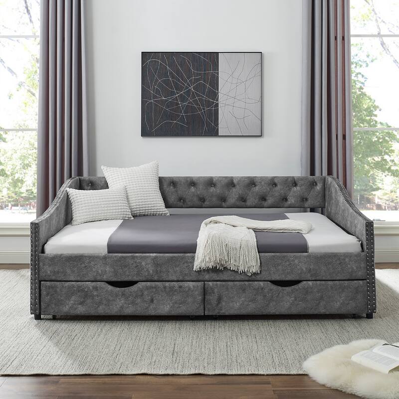 Upholstered Tufted Daybed Sofa Bed with Drawers, Button and Copper Nail on Waved Shape Arms