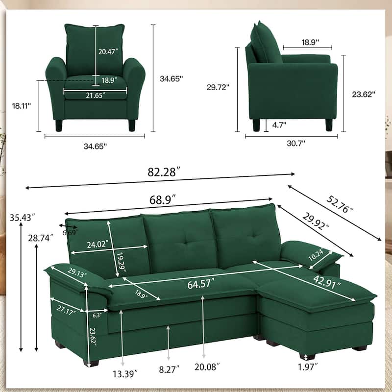 82.28" L Shaped 3 Pieces Living Room Sets