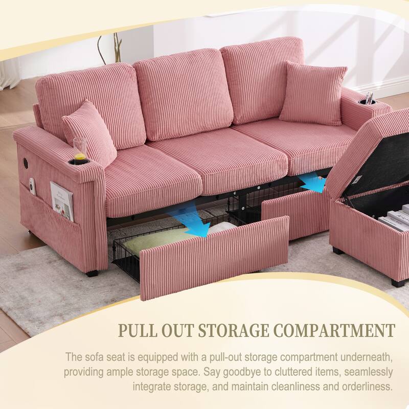 HOMEFUN Corduroy Upholstered L-shaped Pull-Out Storage Sectional Sofa with Storage Ottoman,USB Charging,Cup Holder
