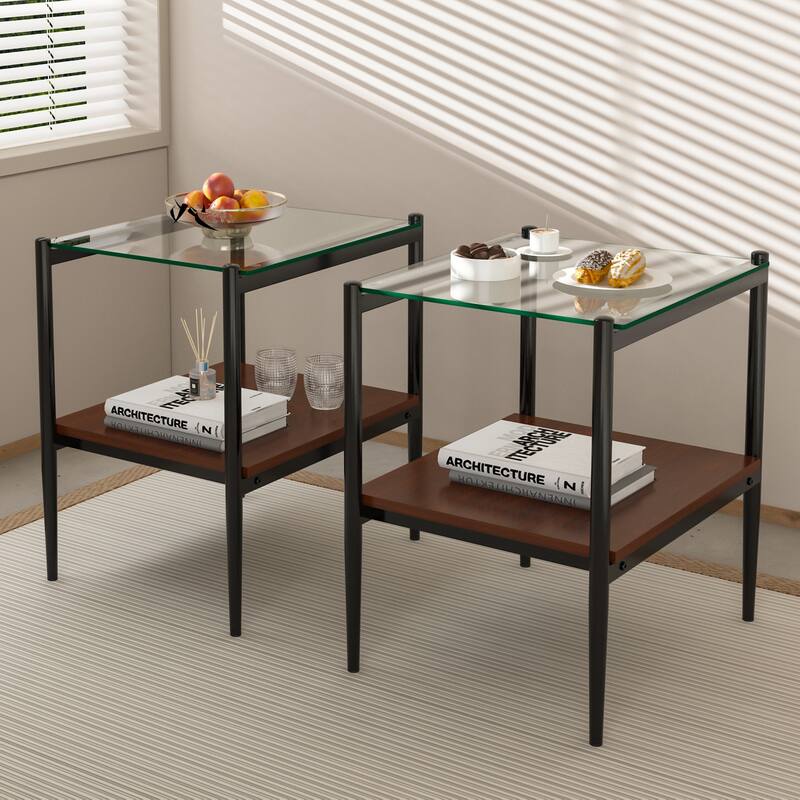 Set of 2, Rectangle End Table, Tempered Glass Tabletop with MDF layer, Modern Table for Living Room