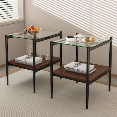 Set of 2 Rectangle End Table With Tempered Glass Tabletop