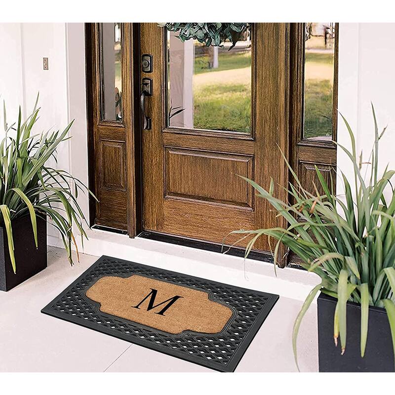 A1HC Mesh Border Rubber and Coir Large Heavy-Duty Outdoor Monogrammed Doormat, 23"X38" Black