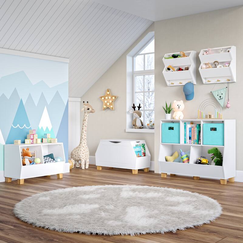 RiverRidge Kids Playroom Catch-All Game and Toy Storage Organizer Box with Side Bookshelves - White