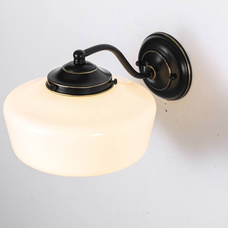 9.8 in. 1-Light Matte Black/Gold Dimmable Wall Sconce With White SchoolHouse Glass