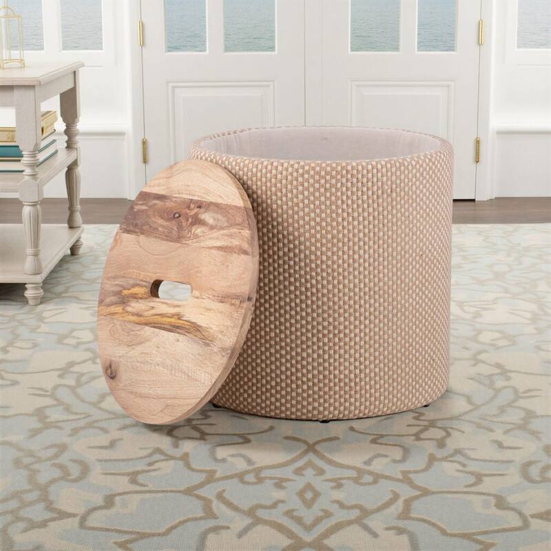 Handwoven Storage Ottoman with Rounded Wooden Top Lid - Solid Wood Frame, Hidden Storage Compartment