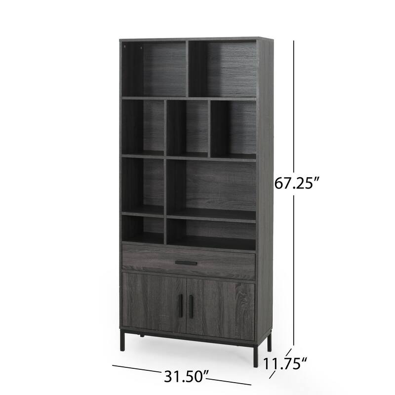 Eby Cube Bookcase, 9 Storage Spaces, Drawer, Cabinet 67 Inch Dark Gray