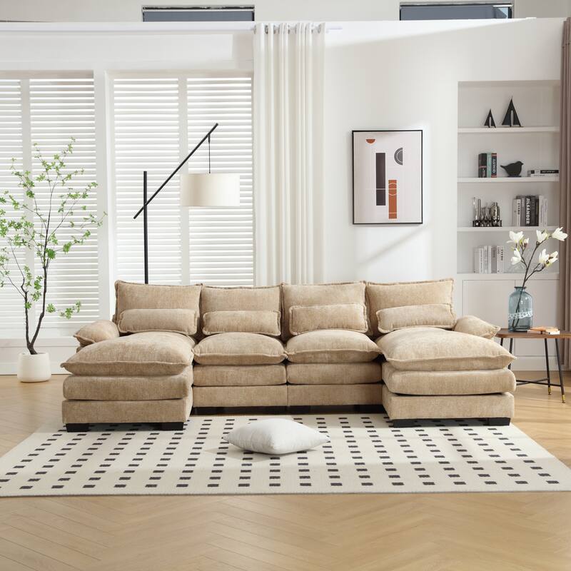 U-shaped Recliner Sofa Chenille Upholstered Chaise Sectional Sofa Symmetrical Reclining Couch with Double Thick Cushions
