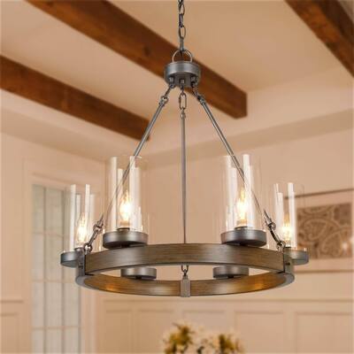 Modern Farmhouse 6-Light Brown Metal Wagon Wheel Chandelier with Glass Shade for Dining Room - D22"*H22.8"