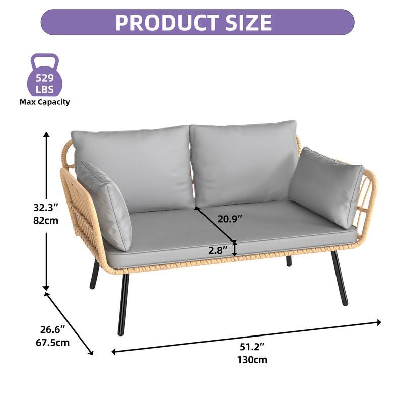 Moasis Outdoor Patio Loveseat Sofa,All-Weather Wicker Rattan 2 Seater Sofa with Cushions & Lumbar Pillows
