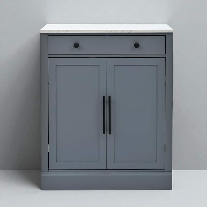 Freestanding Modern Kitchen Pantry with Faux Marble Top, 2 Adjustable Shelves, Drawer & 2 Door Shelves - Grey