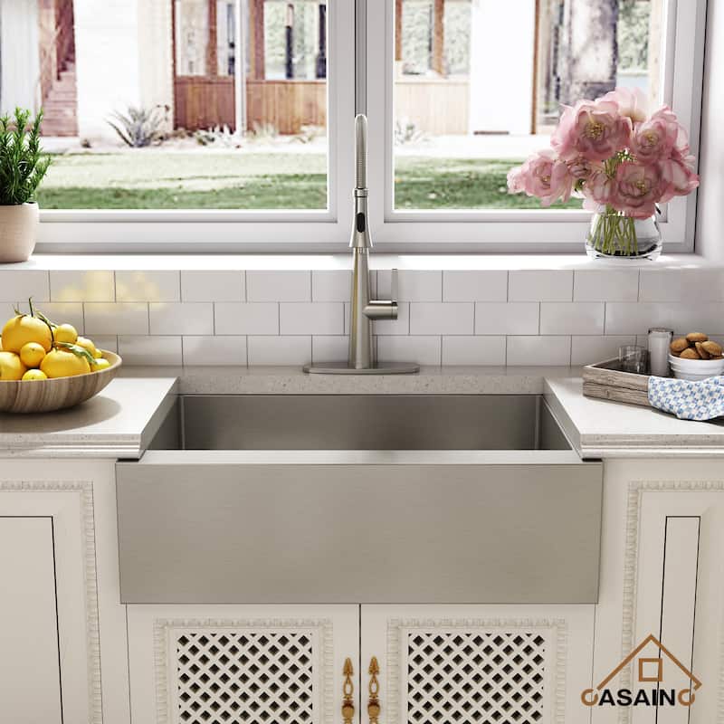 All-in-one Handmade 33 in. Stainless Steel Farmhouse/Apron-Front Kitchen Sink with Faucet, Bottom Grid, and Basket Strainer
