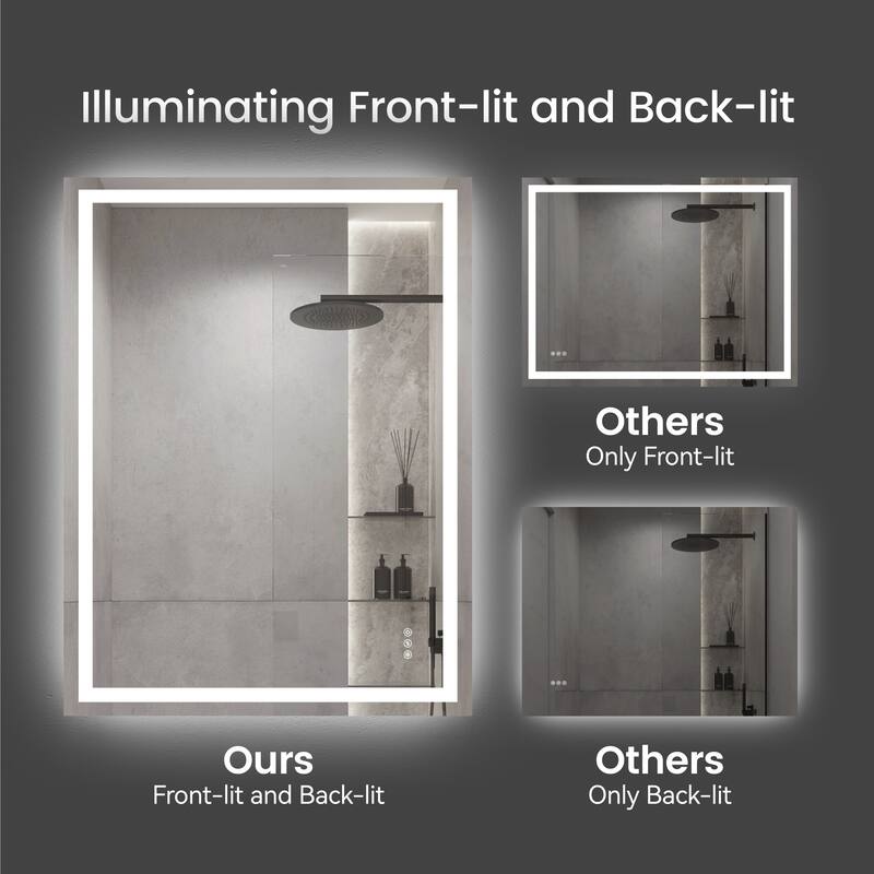 Clear Glass LED Vanity Mirror with Anti-Fog, Dimming and 3 Colors - 24” W x 36” H