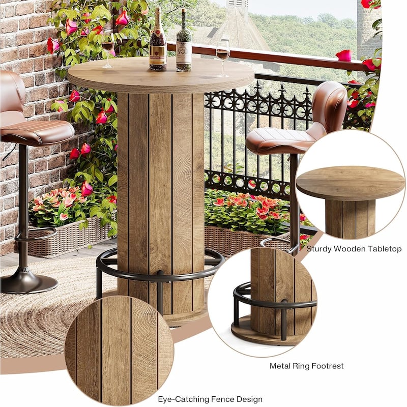 39.4 Inches Brown Wood Bar Table, Round Bistro Pub Table with Metal Ring Footrest