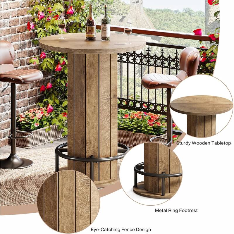 39.4 Inches Wood Round Bar Table, Bistro Pub Table with Metal Ring Footrest
