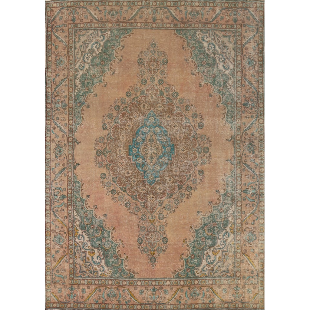 Traditional Orange Tabriz Persian Vintage Rug Handmade Wool Carpet - 9'6" x 12'10"