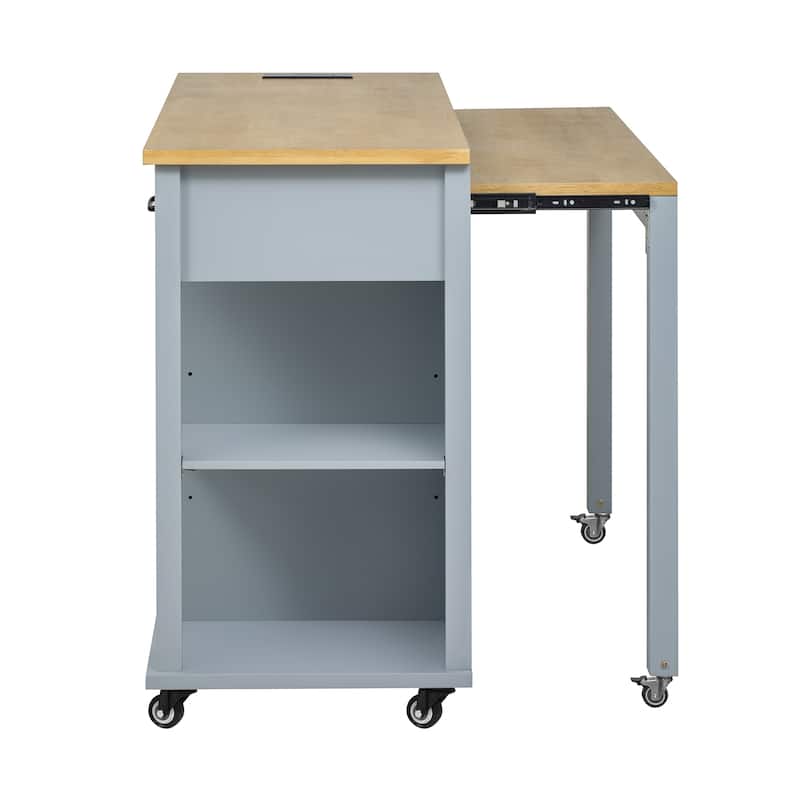 47 inch Kitchen Island with Extendable Dining Table, Rubber Wood Veneer Kitchen Table with Internal Storage Rack, Power Outlet,