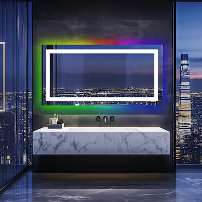Smart Colorful RGB LED Illuminated Fog-free Extra Large Bathroom Mirror with Bluetooth Speakers, Digital Display