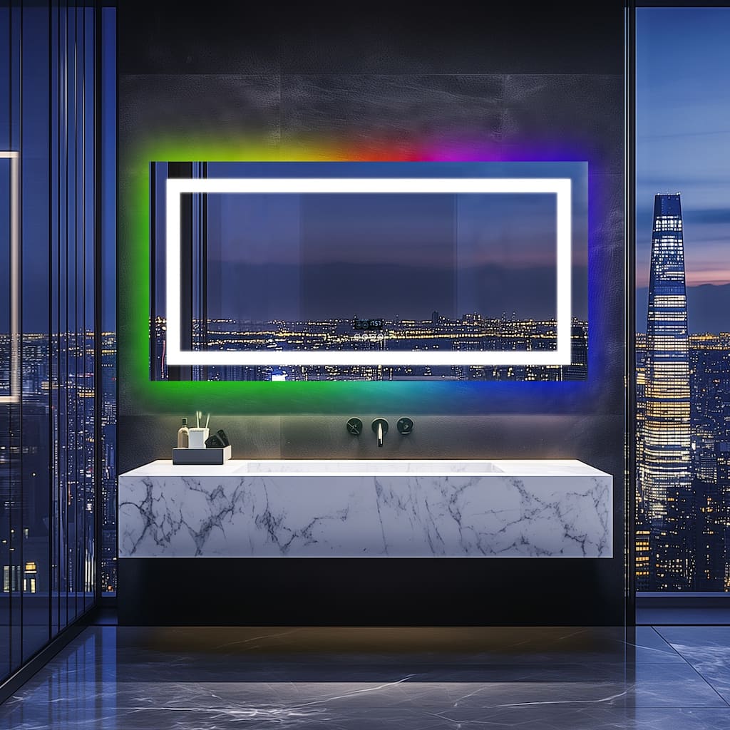 Smart Colorful RGB LED Illuminated Fog-free Extra Large Bathroom Mirror with Bluetooth Speakers, Digital Display