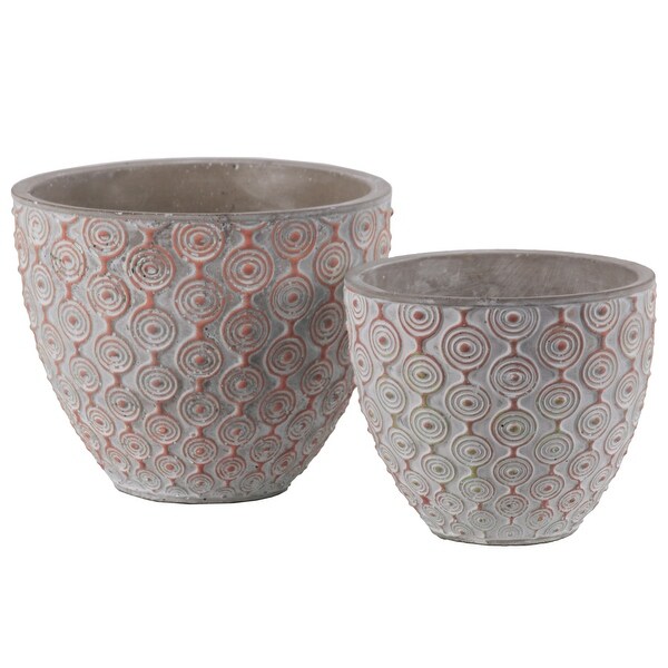 Cement Round Embossed Concentric Circle Design Pot, Set of 2, Vermillion