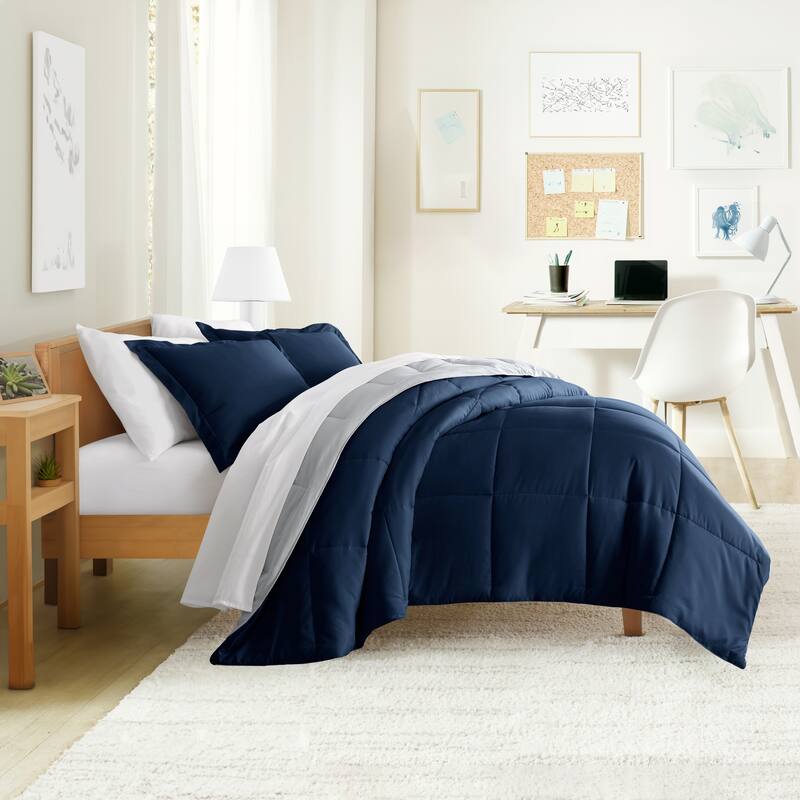 Simply Essential Dorm In A Bag Comforter, Sheet Set and Mattress Pad - Navy - Twin XL