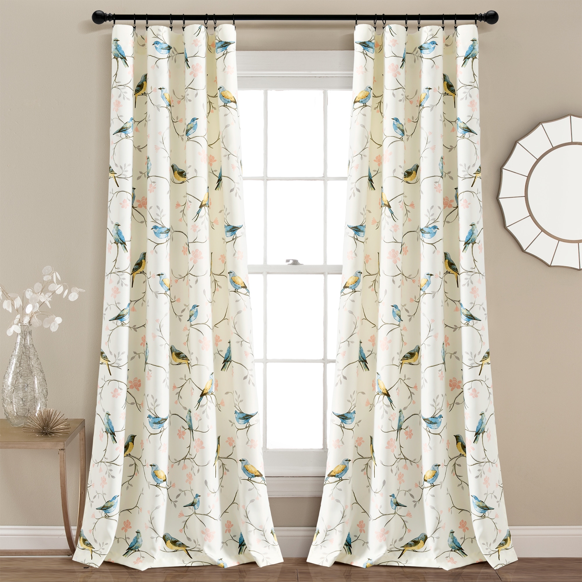Lush Decor Botanical Bird And Flower Light Filtering Window Curtain Panels Set - 84" x 52"