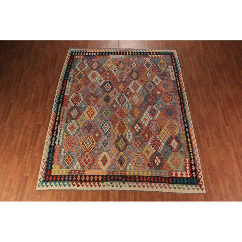 All-Over Geometric Kilim Oriental Area Rug Flatweave Wool Carpet - 8'10"x 11'2"
