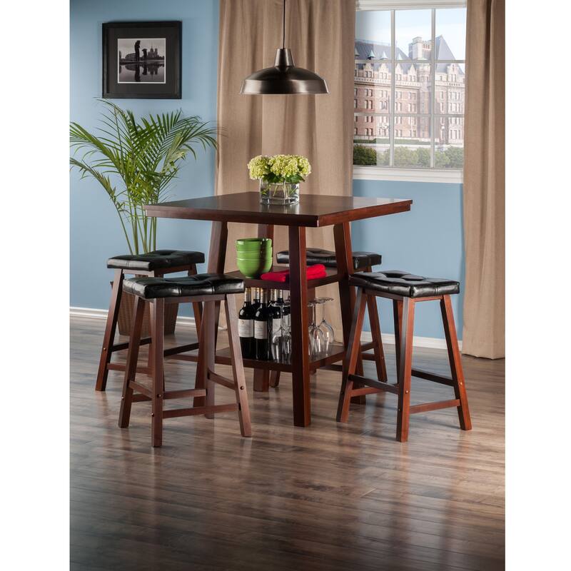 Set of 5 Rich Walnut High Table with Cushion Seat Stools 36"