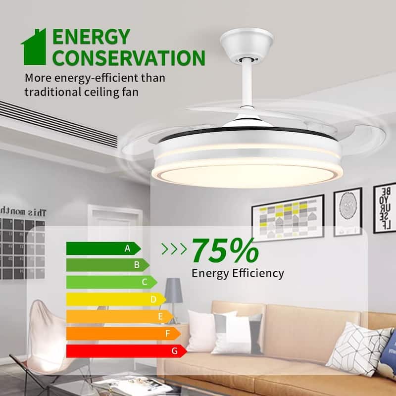 42 Inch Retractable Ceiling Fans with Lights, Modern LED Ceiling Fan Lights with Remote Control
