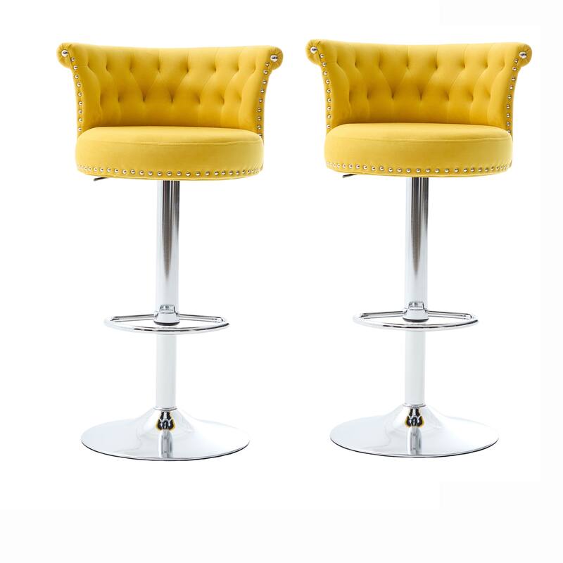 Adjustable Velvet Swivel Bar Stools with Metal Leg (Set of 2) - Yellow